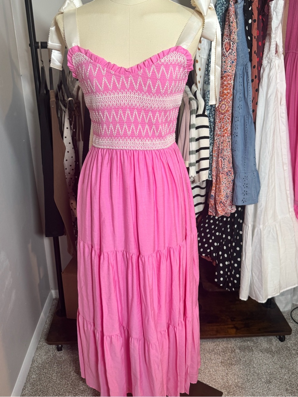 Blu Pepper Pink Smocked Tiered Maxi Dress with White Embroidery